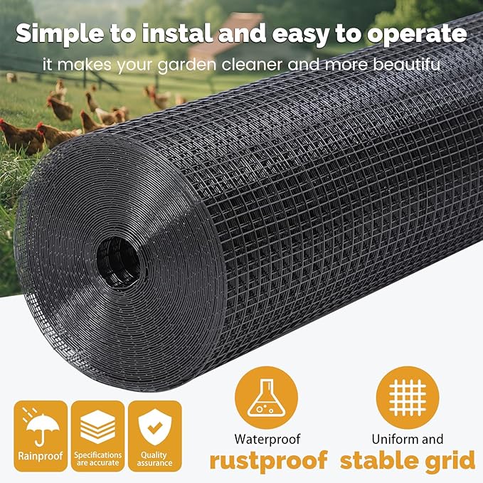Black Hardware Cloth 1/2'' 48'' X 100',19 Gauge Chicken Wire Fencing PVC Coating Welded Wire Mesh Rolls for Chicken Coop and Home Improvement Garden Fence Rabbit Tree Guard