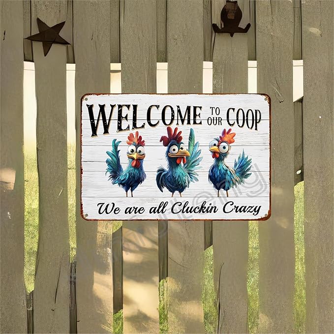 Funny Chicken Decor Sign Welcome to Our Coop Metal Chicken Coop Tin Signs for Farm Chicken Coop Farmhouse Kitchen Vintage Wall Decor 12x8 Inch