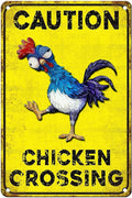 Vintage Chicken Tin Sign Caution Chicken Crossing Retro Coop Metal Sign Funny Nostalgic Rustic Wall Decor For Farmhouse Farm Outdoor Poultry House Yard Garden Kitchen Cafe 12 * 8In