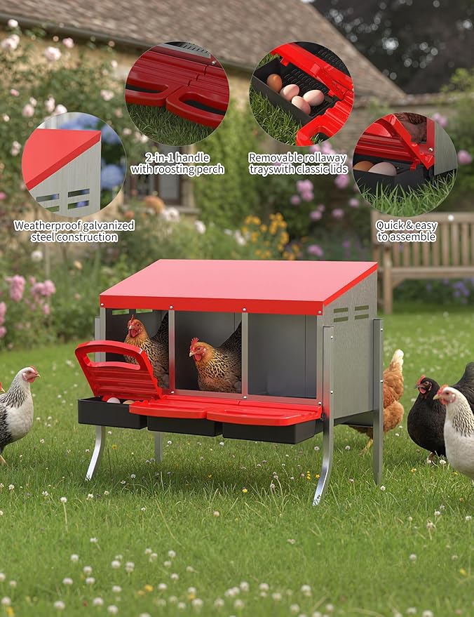 Chicken Nesting Boxes, 3 Hole Metal Rollaway Nest Box for Laying Hens with Cleanable Pull-Out Trays Wall Mount or Placed Design for Easy Egg Collection & Cleaning(Includes Legs)