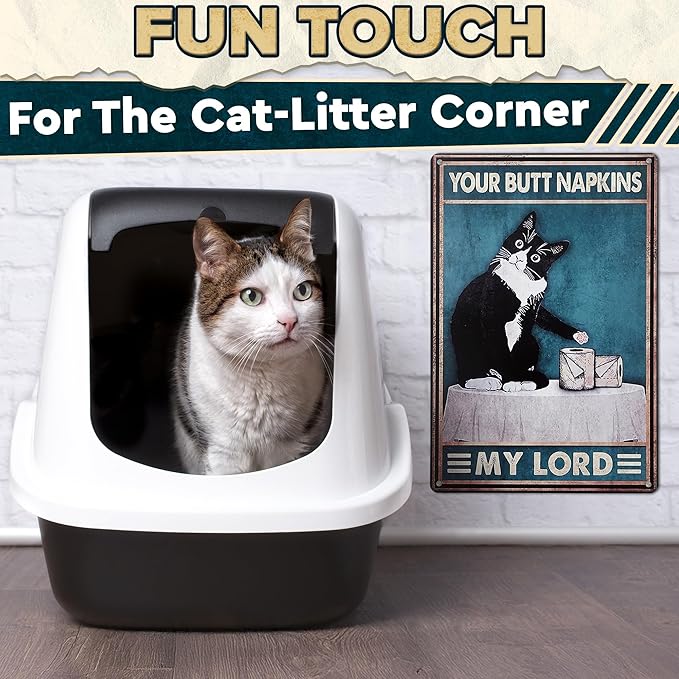 Funny Cat Bathroom Sign – “Your Napkin My Lord” 12 x 8 inch Tin Sign, Rustic Black Cat Wall Decor for Home, Farmhouse Bathroom Metal Plaque, Vintage Cat Wall Art for Toilet or Guest Bath