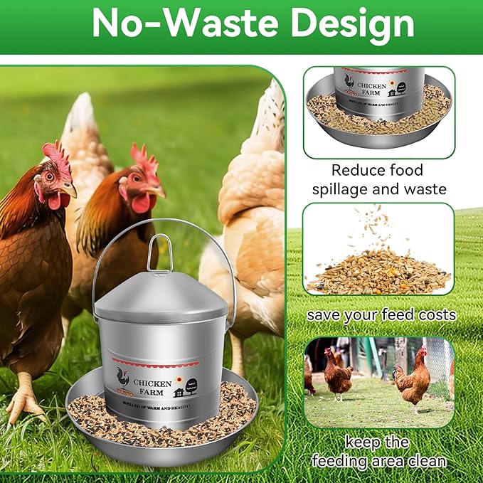 17.6 Lb Stainless Steel Poultry Feeder, Automatic Chicken Feeder No Waste, Hanging Chicken Feeder Heavy Duty Reliable Long-Lasting with Handle, Top Filled