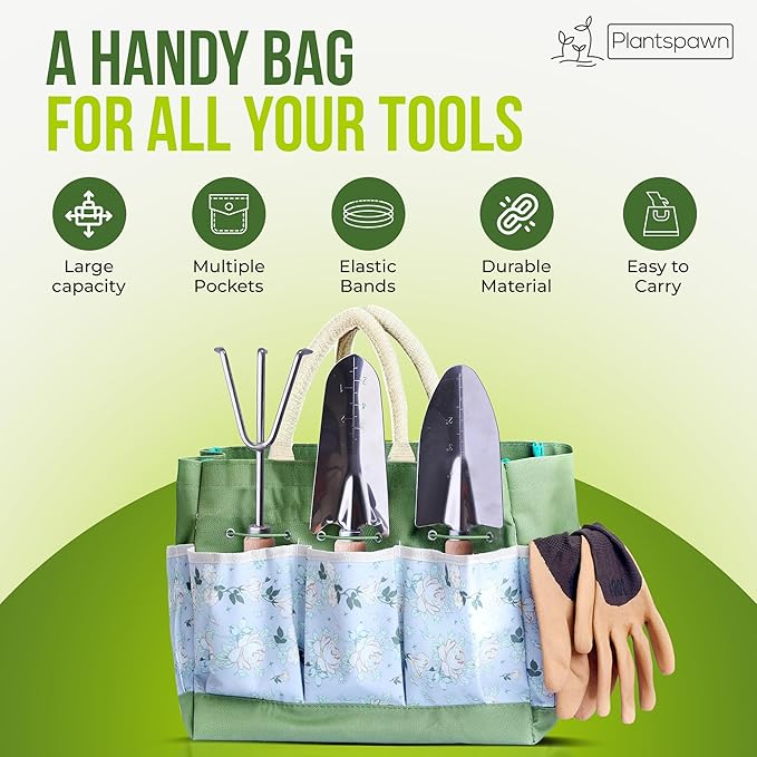 9 PCS Gardening Tools Set with Bag | Heavy-Duty Rust-Proof Hand Tools with Wooden Handles Including 15 Plant Tags | Ideal Gift for Women, Men, Mom, Dad & Gardeners
