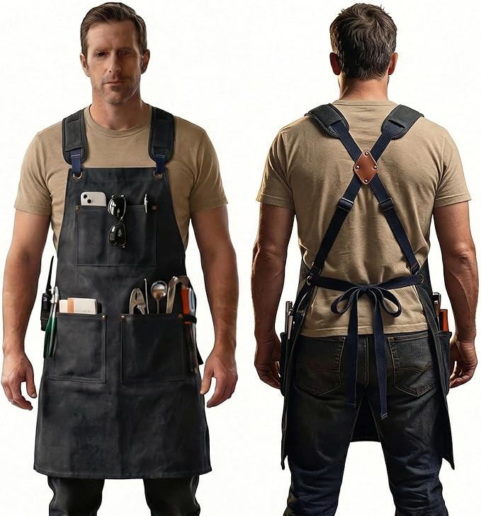 Woodworking Apron For Men - Tool Arpon For Men, Work Arpon with Cross Back Adjustable，For Garden, Kitchen, Cafe, M-L (Black)
