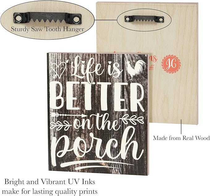 JennyGems Life is Better on the Porch Wooden Sign, Farm Life Decor and Wall Hanging, Brown Rustic Color, Made in USA