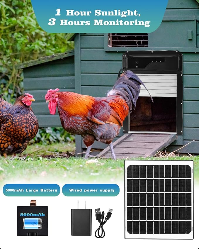 Automatic Chicken Coop Door with HD Camera, Solar Powered, 5000mAh Battery, WiFi Enabled, APP-Based Monitoring, Remote Control and Timer, with Anti-Trap Sensor and Alarm Drive (Black)