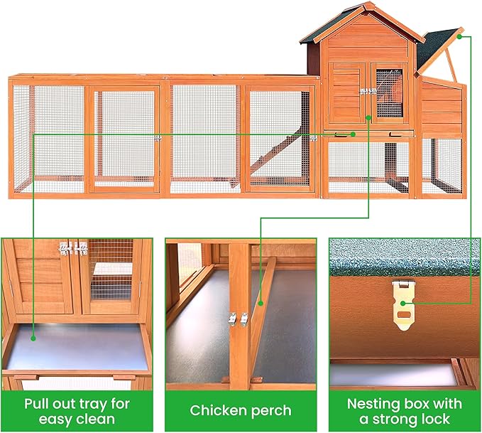 RUNVA 122" Large Chicken Coop with Nest Box and Removable Tray, Hen House for 2-6 Chickens, Outdoor Weatherproof Small Animal Cages