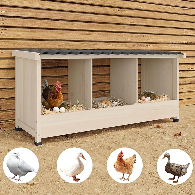 Chicken Nesting Box, 3 Holes Wooden Nesting Box, Hens-Wall Mounted or Floor Use, Chicken Coop Accessorie with PVC Roofing, Preventing Egg Falls, Easy to Assemble, Backyard and Farms