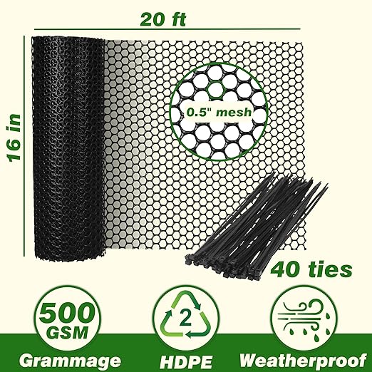 Gardzen Plastic Chicken Wire Mesh with 40 pcs Ties, 16in x 20ft Durable Chicken Fence for Poultry, Garden Protection & DIY Crafting, Heavy-Duty Mesh Netting for Outdoor & Indoor Use