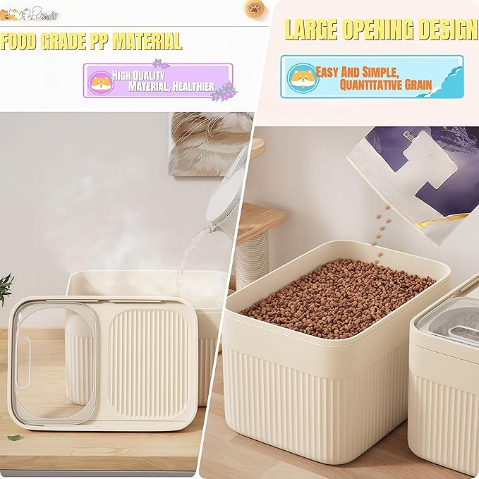 High-Capacity Pet Food Container Airtight with Cup, Dog Food Storage Container,Durable Design for Dog/Cat/Bird Food Storage, Keep Dry Food Fresh (Beige, 15 pounds)