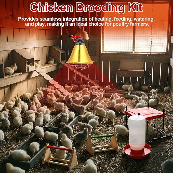 Retisee Chick Start Kit, All in One Brooder Kit Including 12" x 12" Heat Plate 150w Chicken Infrared Red Heat Lamp Feeder and Waterer Perch Flip Top Poultry Feeder for Newborn Livestock Duck Warm