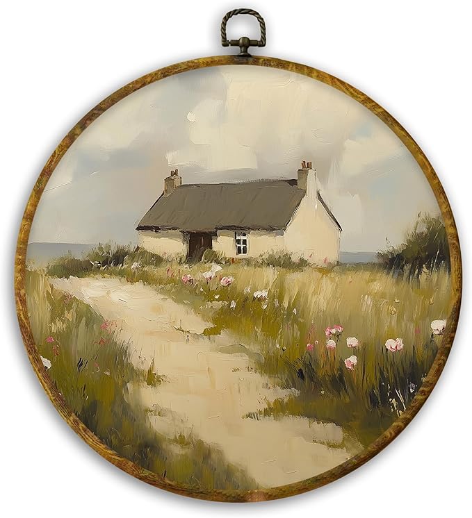 CUANFDDSF Rustic Farmhouse Round Wall Art, Vintage Countryside Framed Hanging Wall Decor, Cottagecore Country Landscape Canvas Prints Decorations for Home Bedroom Living Room, 10x10 Inch