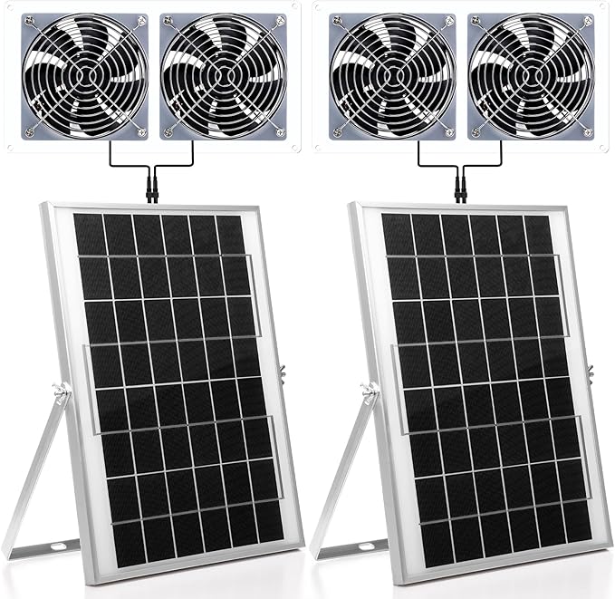 2 Set Solar Fan for Greenhouse, 10 W Solar Panel Fan Kit with Bracket Waterproof Solar Exhaust Fan Solar Dual Fan for Intake or Exhaust Air for Attic, Shed, Barn, Chicken Coop, Dog House
