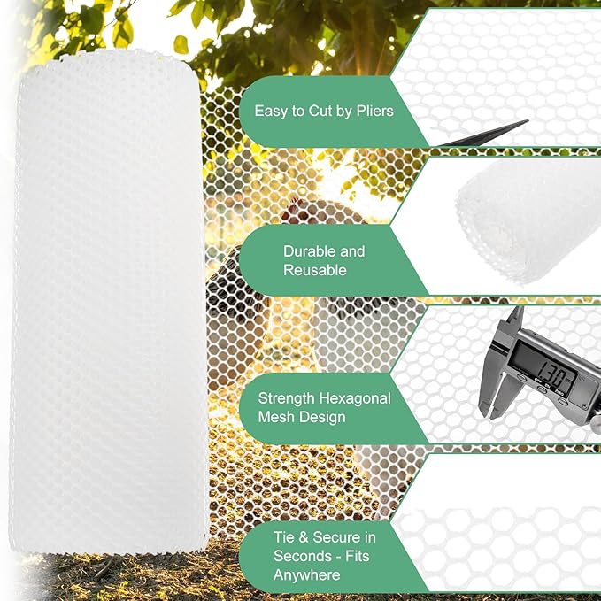 1-Pack Floral Chicken Wire Mesh, 15.7 in x 33 ft Plastic Hexagonal Chicken Wire Fencing with 50 Garden Ties for Crafts/Poultry Netting/Garden/Plant Protection [White]