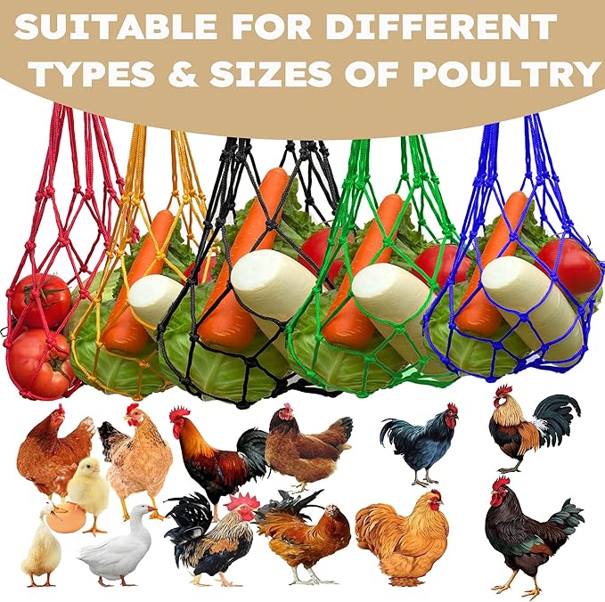 Hanging Poultry Feeder Net 2pcs - Chicken Veggies Bag, Chicken Toy for Coops, Hanging Vegetable Bag, Enrichment Toy for Hens Ducks Coops (Red)