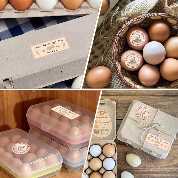 Fresh Farm Egg Packaging Set – Includes 500 Farm Fresh Eggs Carton Labels, 500 Please Return Carton Labels Stickers, 200 Double-Sided Egg Handling Instruction Cards
