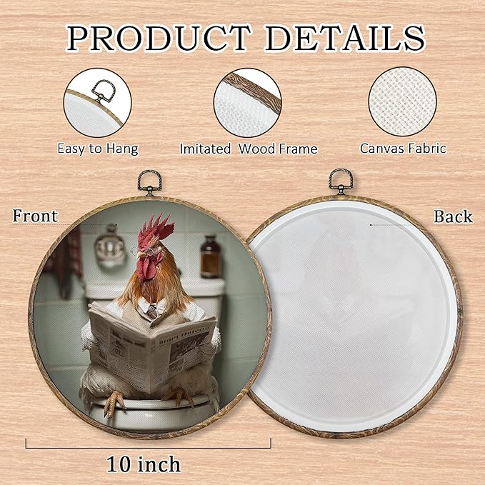Pugwak Funny Chicken Bathroom Round Wall Art Decor Prints, Rustic Farmhouse Rooster Canvas Art Framed, Chicken Reading on Toilet Artwork Wall Hanging Decor for Washroom Bathroom Restroom, 10x10in