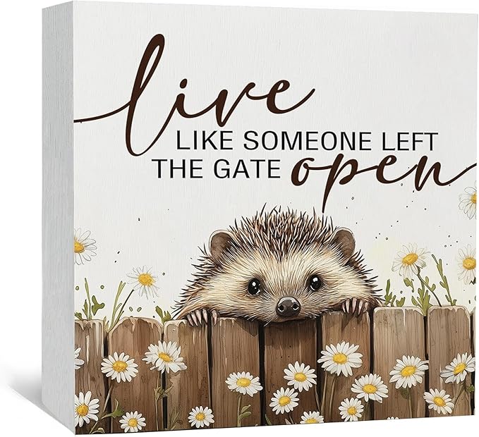 Hedgehog Wooden Box Sign -Rustic Farmhouse Live Like Someone Left the Gate Open Signs for Home Decor, Farm Cottagecore Animal Office Kitchen Bedroom Decor, Hedgehog Gifts for Women, 8x8