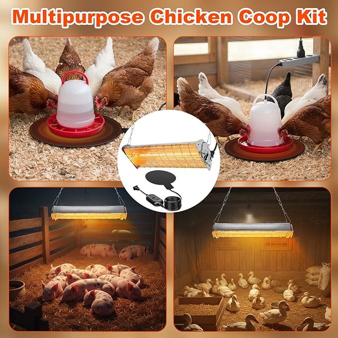 2 Pcs 400w Chicken Coop Heater Lamp and Black Silicone Water Heated Base Pad Carbon Fiber Chicken Coop Heater for Winter Chicks Brooder Heat Plates Adjustable Hanging Height for Livestock