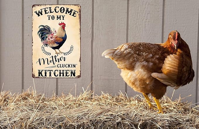 Retro Funny Chicken Tin Sign,Vintage Chicken Coop Metal Poster, Farm Wall Art Decor for Outdoor Home Fence Kitchen Bedroom,Gifts 8×12 Inches (WELCOME TO MY KITCHEN)