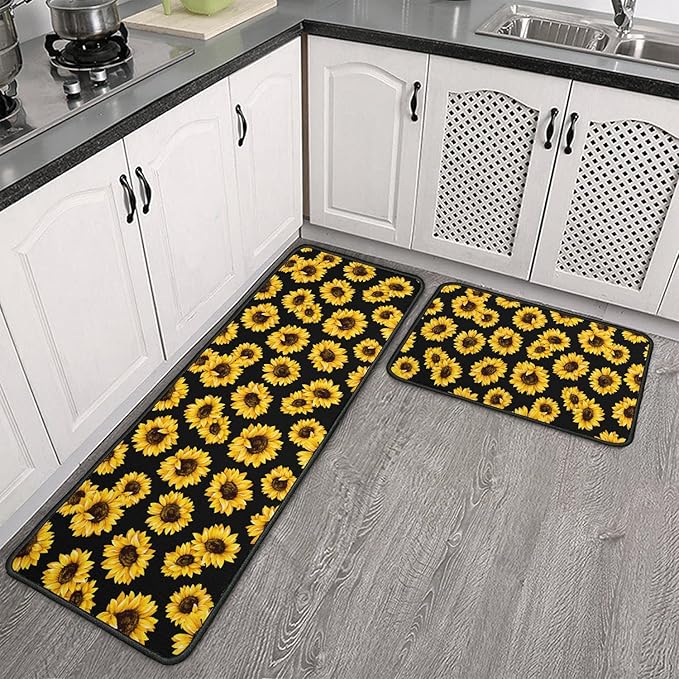 Roszwtit Sunflower Kitchen Rugs and Mats Set of 2, Black Sunflowers Non-Slip Backing Kitchen Rug, Kitchen Sets Low-Profile Washable Floor Mat for Home Kitchen Decor - 17x29 and 17x47 Inch