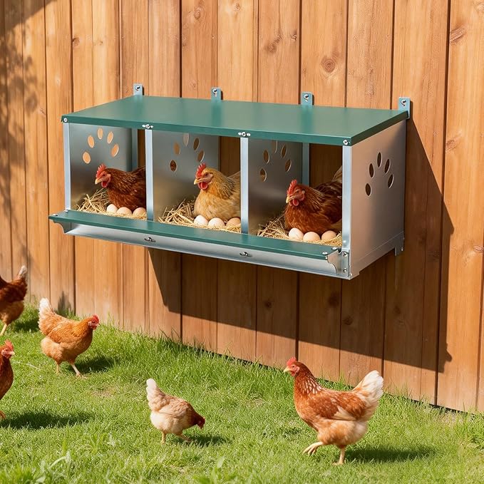 EAGLE PEAK 3-Hole Wall Mounted Chicken Nesting Box, Roll Away Hen Laying Box with Sloped Roof & Easy Clean Tray, Galvanized Steel for Backyard Chicken Coops (Green)