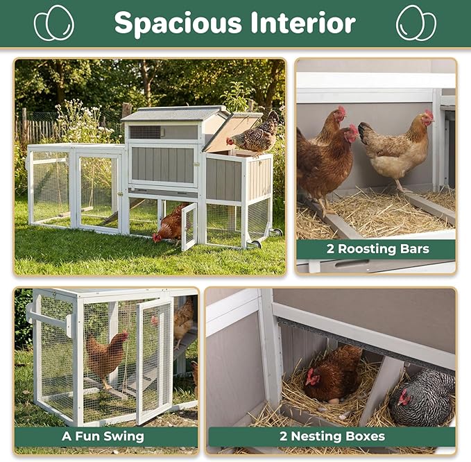 PetsCosset Chicken Coop with Wheels, Weatherproof Large Hen House Mobile Chicken Tractor with Nesting Box, Roosting Bars, Pull-Out Tray, Asphalt Roof & Fun Swing for Chickens Quails, Backyard Farm Use