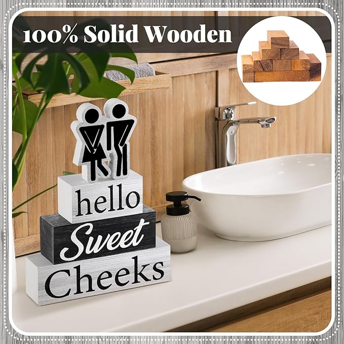 Jetec 4 Pcs Bathroom Shelf Decor Signs Hello Sweet Cheeks Wooden Sign Rustic Toilet Restroom Tabletop Decoration Funny Bathroom Decor for Farmhouse Apartment Shelves Toilet Restroom Home Tabletop Desk