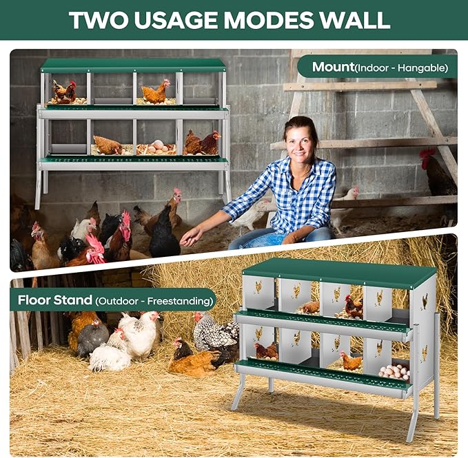 Garvee 8 Compartment Chicken Nesting Box with Legs, 2 Layer Wall Mount/Free Standing Poultry Nest for Chickens, Hens, Ducks, Metal Chicken Laying Boxes with Perch, Secure Lid, Vented Holes, Green