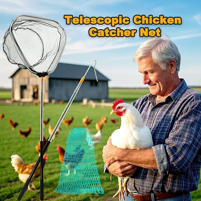 Poultry Net Chicken Catcher, with 2 Telescoping Poles, 2 Nets, and 1 Leg Hook, Farm Animal Capture Tool, for Small Cat Duck Goose Outdoor Animals Fishing Landing Net Handy Coop Accessories