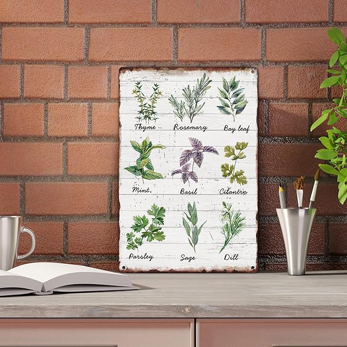 Sanwarm Metal Sign 8X12 Inch, Herbs Sage Green Mint Green Vintage Tin Sign Wall Art Decor for Home, Living Room, Kitchen, Garden, Bedroom, Office, Hotel, Cafe And Pub Decoration