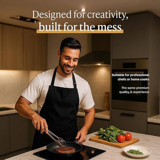 Will Well Chef Apron for Men and Women - 33" x 27" Large with 38" Waist Ties for a Comfy and Snug Fit, Durable and Lightweight, with 2 Spacious Pockets for Your Cooking Essentials - 1-Pack, Black