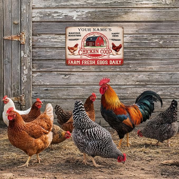 Custom Name Chicken Coop Metal Sign Raucous Roosters Happy Hens Farm Fresh Eggs Daily Vintage Rustic Tin Plaque Wall Art for Backyard Barn Homestead