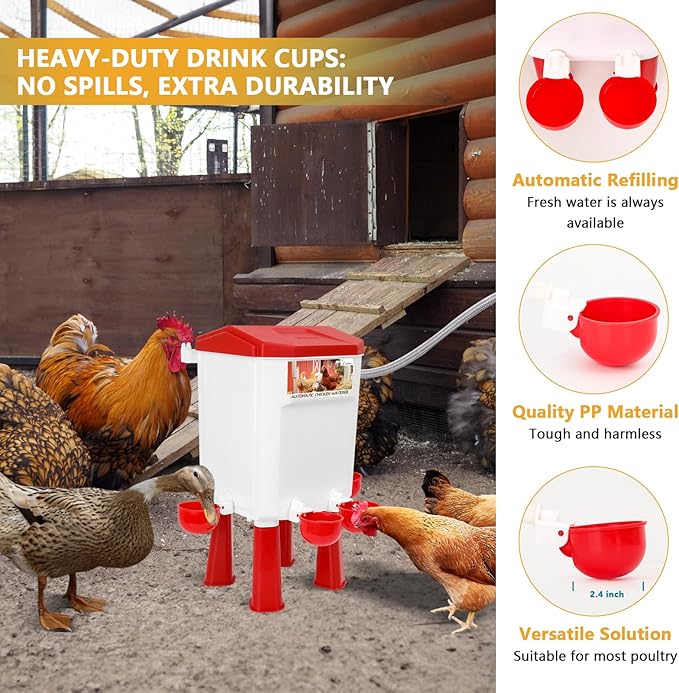 Lilyang Automatic Chicken Waterer 2 Gallon | Float-Control Auto Waterer, Hanging/Standing Design, Connect to 3/4'' Faucet & Hose, Effortless Hydration Solution for Backyard Coop & Small Farm