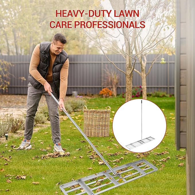 Lawn Leveling Rake Lawn Leveler, 48" x10” Stainless Steel 180° Rotating 6FT Long Handle, Heavy-Duty Landscape Rake Ergonomic Design, for Backyard Farm Garden Golf Course