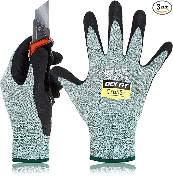 DEX FIT Level 5 Cut Resistant Gloves Cru553; Firm Non-Slip Grip; Thin & Lightweight; Durable & Foam Coated; Touchscreen Compatible; 3D-Comfort Fit; Cut Proof Work Gloves; Green M (8) 3 Pairs