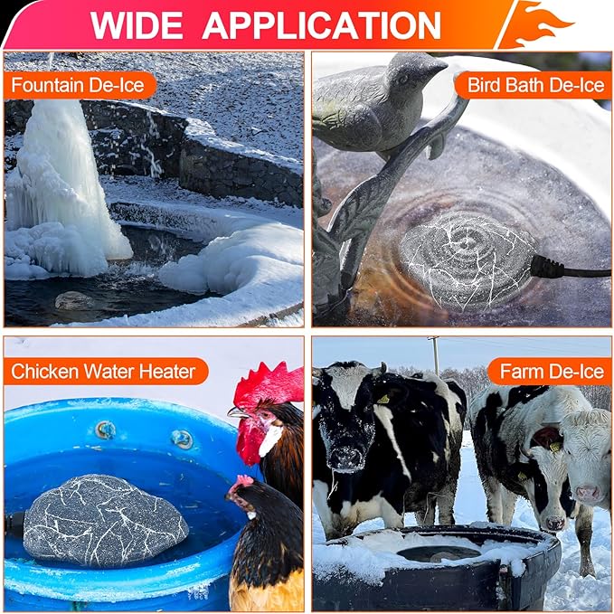 Saillong Bird Bath Deicer Heated Rock, 80W Submersible Utility Decorative De Icer, Thermostatic Controlled Winter Water Heater with Aluminum Base for Outdoor Bird, Chicken, Duck(1 Pack,Gray)