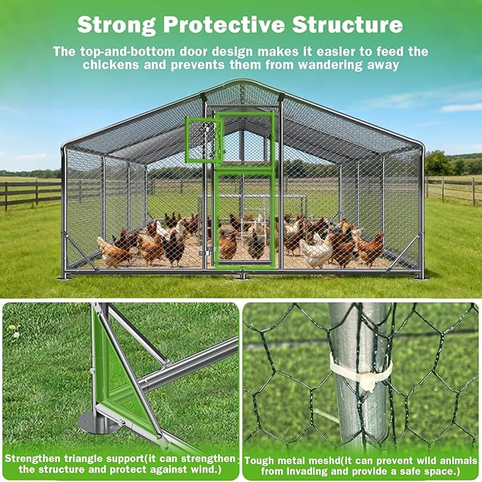 10x20FT Metal Chicken Coop, Dutch Door Chicken Run with Chicken Perch, Cover and Hardware Cloth, Walk in Duck Pen for Backyard Poultry and Pet Farming