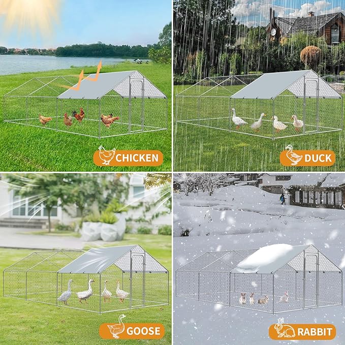 Large Metal Chicken Coop, Walk in Chicken Run for Yard with Waterproof Cover & Secure Lock, Poultry Cage for Aviary and Hen House, Duck Coop and Rabbit Pen 19.6 x 9.8 x 6.5 ft