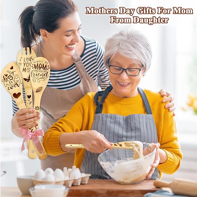 Wooden Birthday Gifts for Mom - Cooking Spoon,Mom Gifts from Daughters I Love You Mom,Engraved Bamboo Kitchen Cooking Utensils Set Gifts, Gift for Mom from Daughter, Son, Mothers Day for Mom
