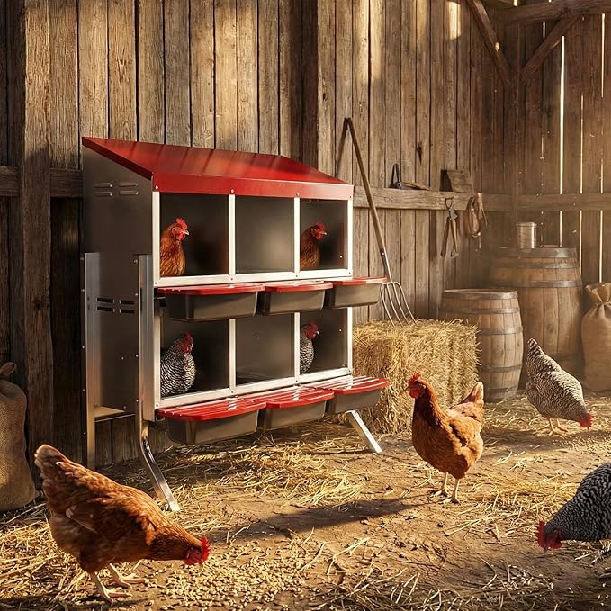 6 Compartment Chicken Nesting Box with Roll Away Egg Design - Wall Mount Hen Laying Box with Pull-Out Trays for Easy Egg Collection, Cleanable & Chicken Coop Accessories, 6 Holes, Red