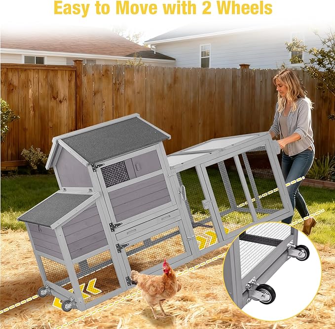 Aivituvin Mobile Chicken Coop with Wheels, Large Wooden Chicken House with Waterproof Asphalt Roof, Nesting Box & Removable Tray, Spacious Chicken Run, Outdoor Poultry Cage for 3–4 Chickens