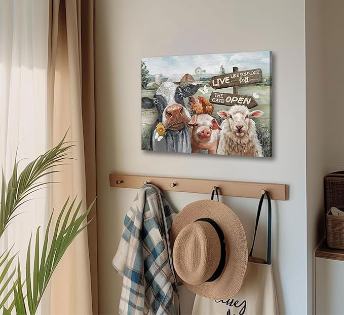 Funny Farm Animals Canvas Wall Art Rustic Farmhouse Poster Print Picture Cute Cow Sheep Pig Chicken Barn Country Sign Painting Artwork Wall Decor for Dining Room Bedroom Kitchen 16x24in Framed