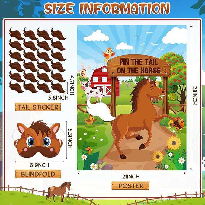 Faccito Farm Animal Games Pin The Tail on The Animals Barn Birthday Party Decorations Farm Poster Games with 24 Stickers Eye Mask for Family Activities Birthday Party Decor Supplies(Horse)