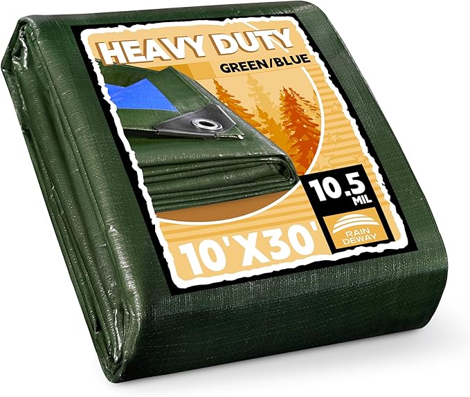 RAINDEWAY Tarps Heavy Duty Waterproof 10x30 Feet,10.5 Mil Waterproof Tarps for Outdoors,Multipurpose Poly Tarp Cover with Metal Grommets and Reinforced Edges,Green/Blue