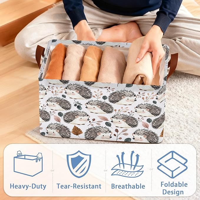 Cute Hedgehog Storage Basket,Leaf Collapsible Storage Bin Cubes for Living Room Bedroom Blankets Home Storage 17x11.5x10Inch