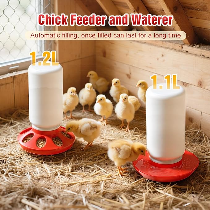 Pawaboo 7-in-1 Chicken Brooder Box for Chick Starter Kit, Includes Chicks Perches, Chicken Feeders, Chick Waterers, Chickens Feeding Spoon, Chicks Supplies (Brooder Set), Red + Wood Color