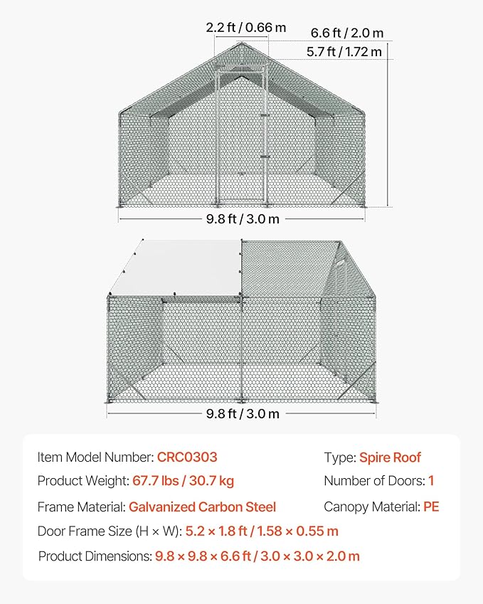 VEVOR Large Metal Chicken Coop,9.8 x 9.8 x 6.6 ft, Walk-in Chicken Run House with Waterproof Cover & Sturdy Frame, Spire Roof Poultry Cage Duck Pen for Rabbit Hen Goose Outdoor Backyard Farm Use