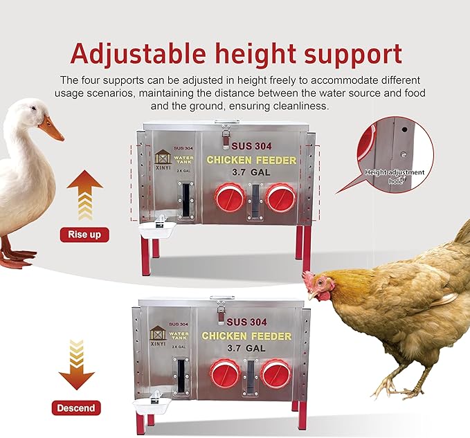 Stainless Steels Chicken Feeder and Waterer, Gravity Feeder with Adjustable Legs, Aluminum Alloy Water Cup, Automatic Feeder Waterpoof and Sturdy, Transparent Water Observation Window, 3.7 Gallon