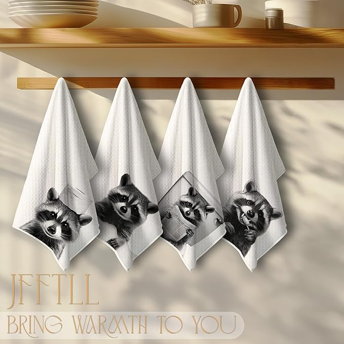 Raccoon Bathroom Decor Hand Towels, Raccoon Gifts for Women, Animal Lover Gifts, Black and White Funny Animal Hand Towels for Bathroom Washroom Restroom Decor, 16x24 Inch, Set of 4